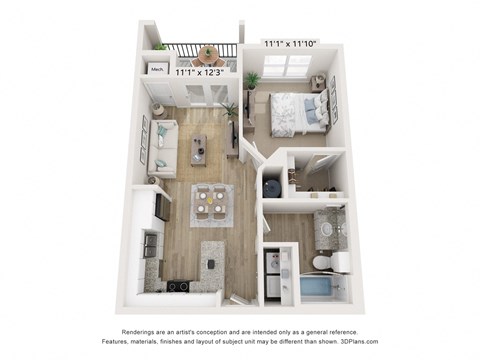 Floor plan for 1 bed, 1 bath, 629 sqft